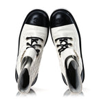 Chanel Shiny Goatskin Calfskin Quilted Lace Up Combat Boots 41.5 White Black
