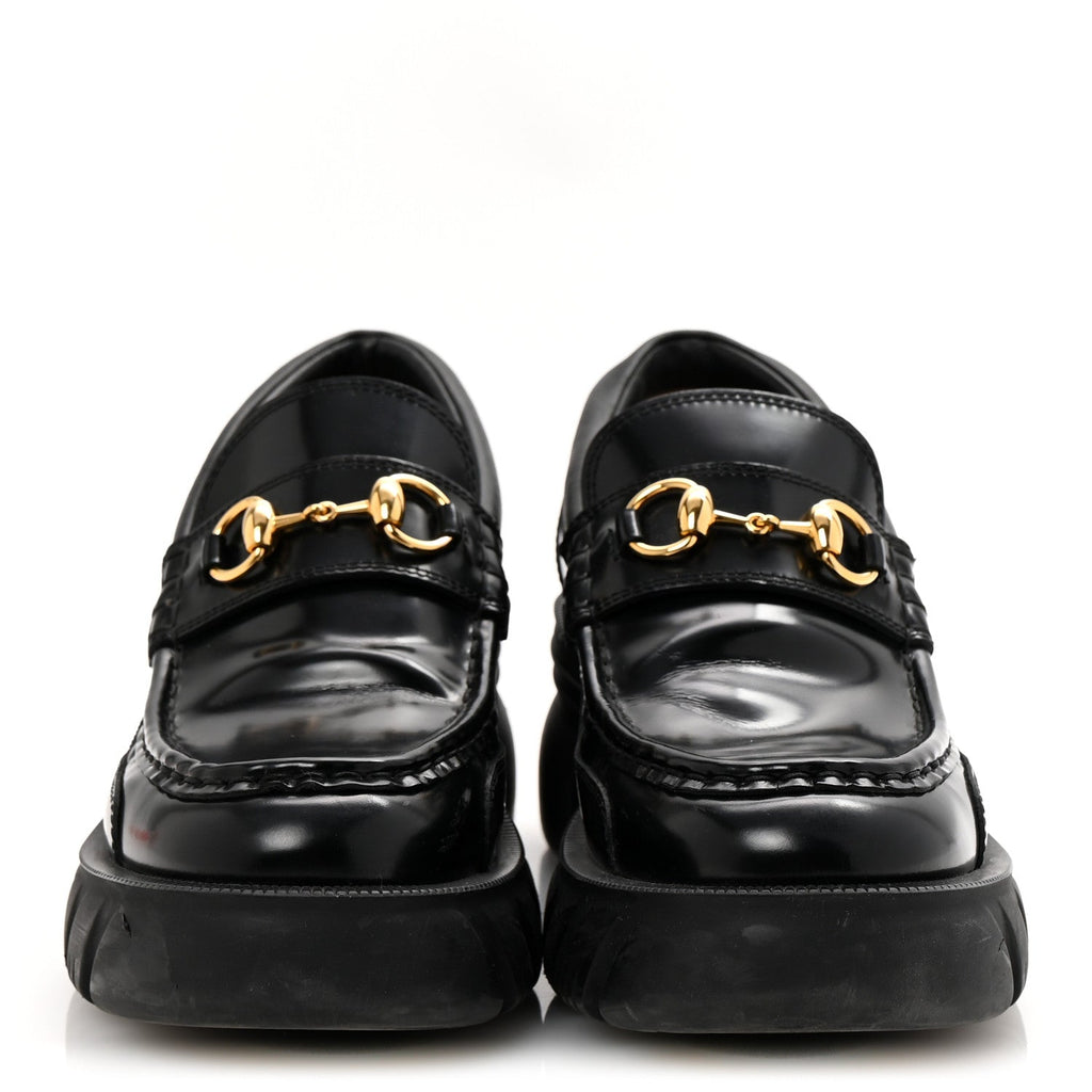 Gucci Magnum Calfskin Nappa Samoa Womens Horsebit Platform Chunky Lug Sole 40mm Loafers 39 Black