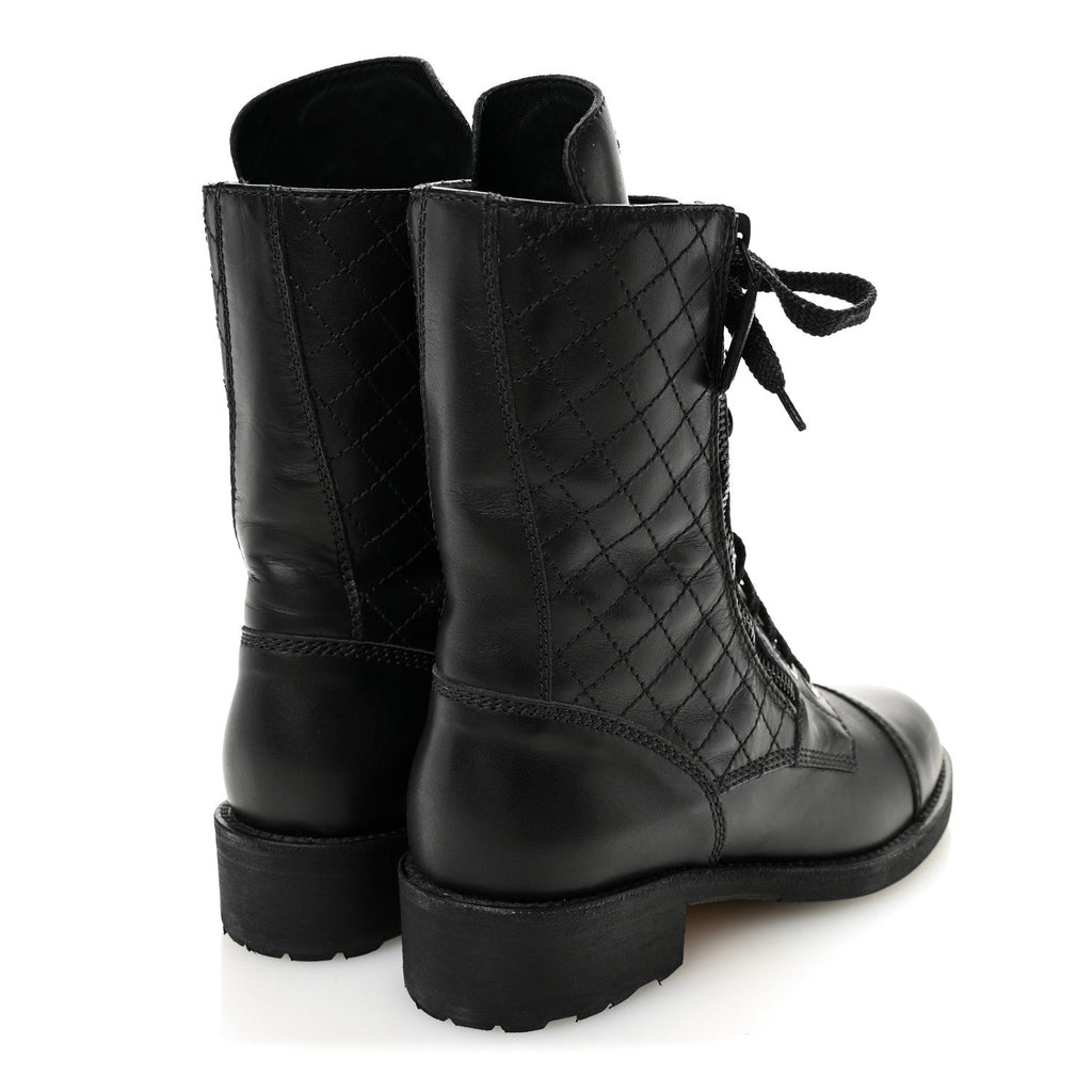 Chanel Calfskin Quilted Lace Up Combat Boots 36.5 Black