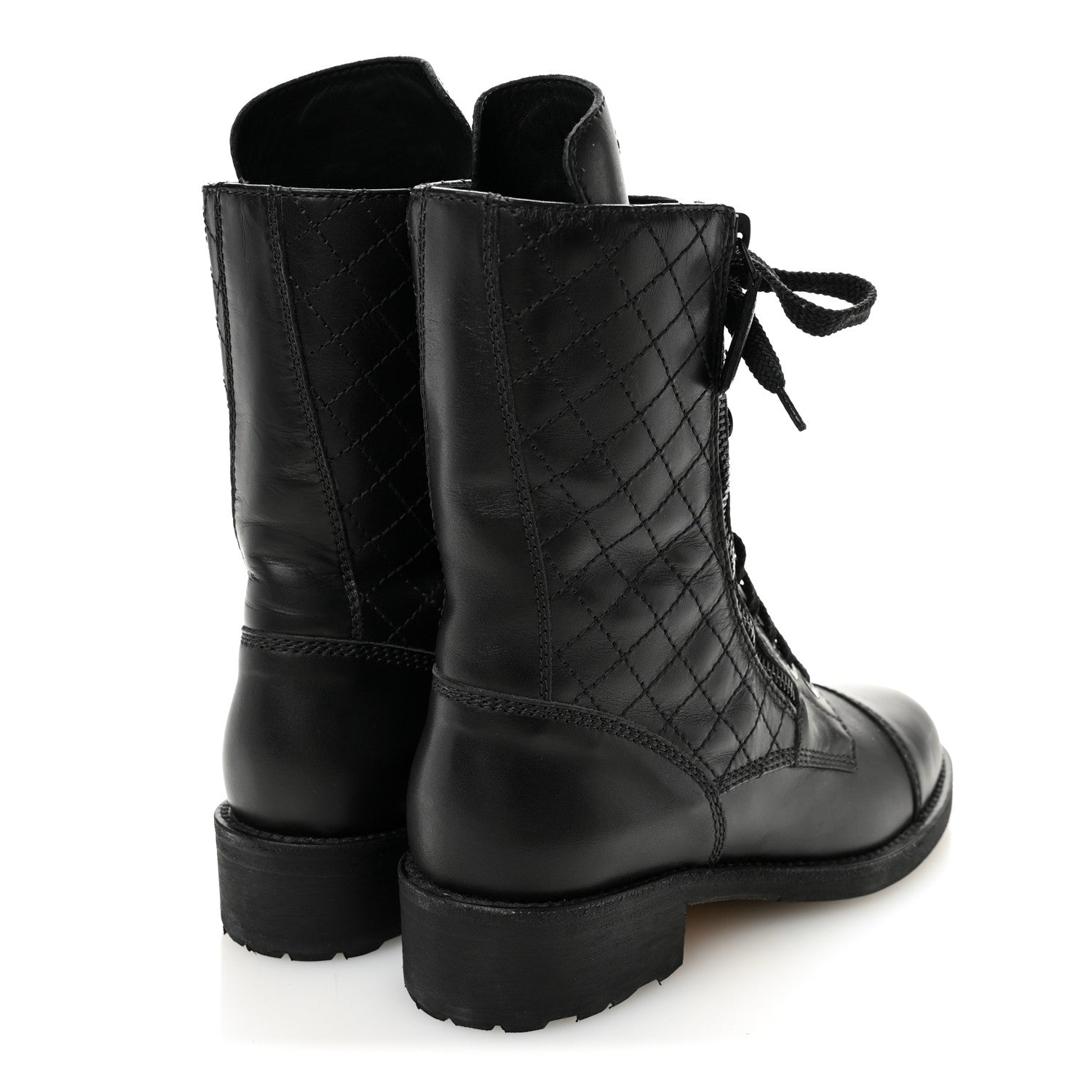 Chanel Calfskin Quilted Lace Up Combat Boots 36.5 Black