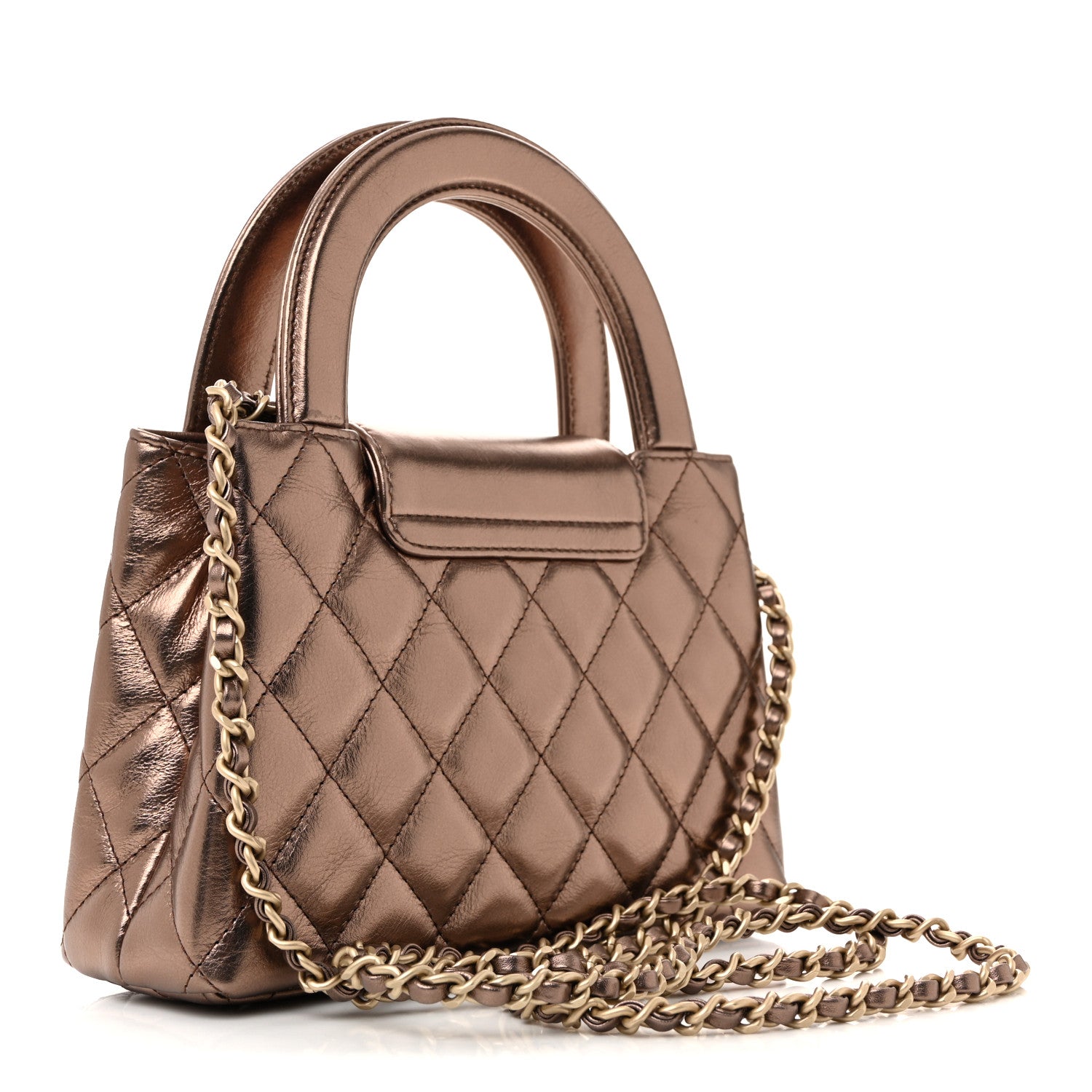 Chanel Metallic Aged Calfskin Quilted Nano Kelly Shopper Light Brown