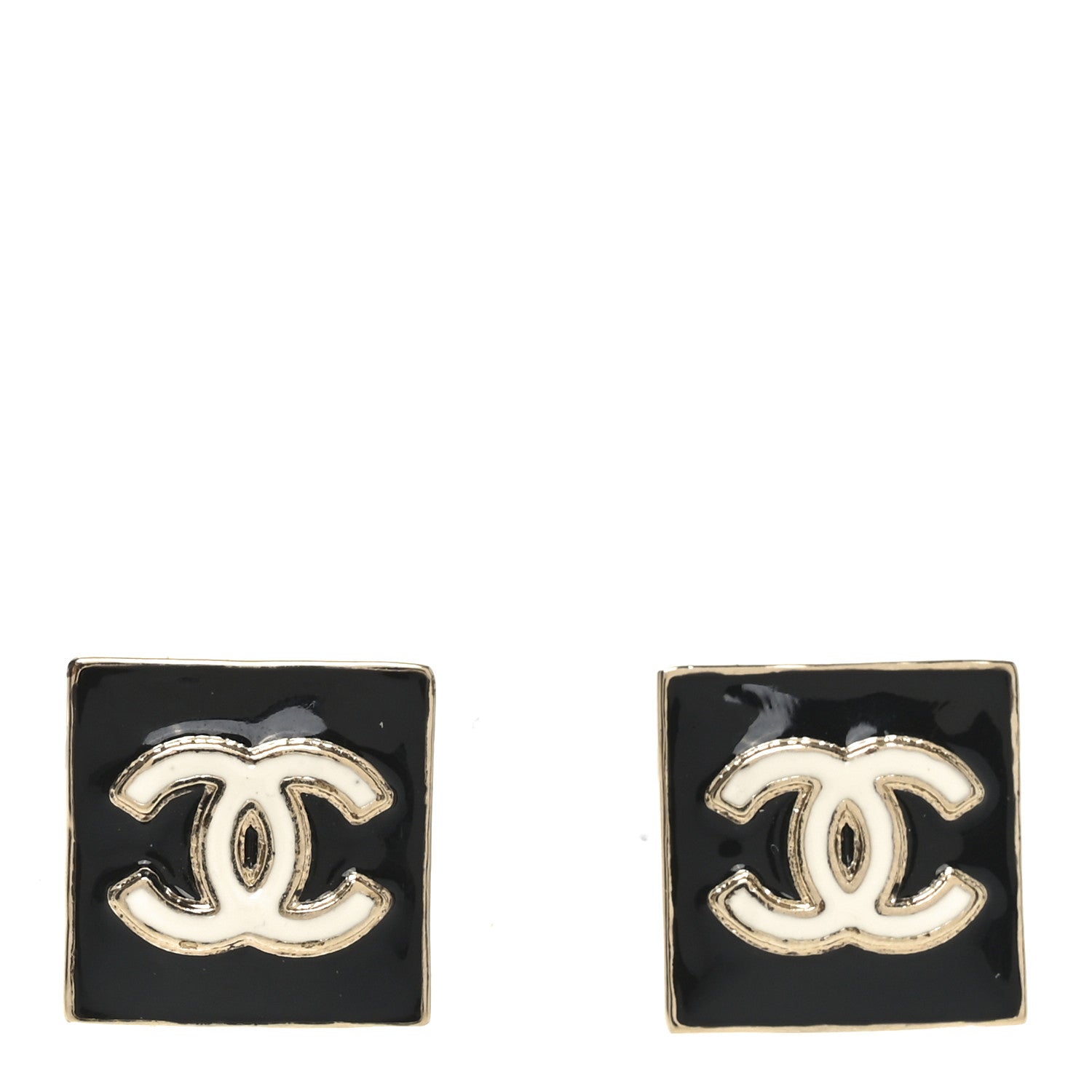 Chanel Enamel CC Square Earrings Black White