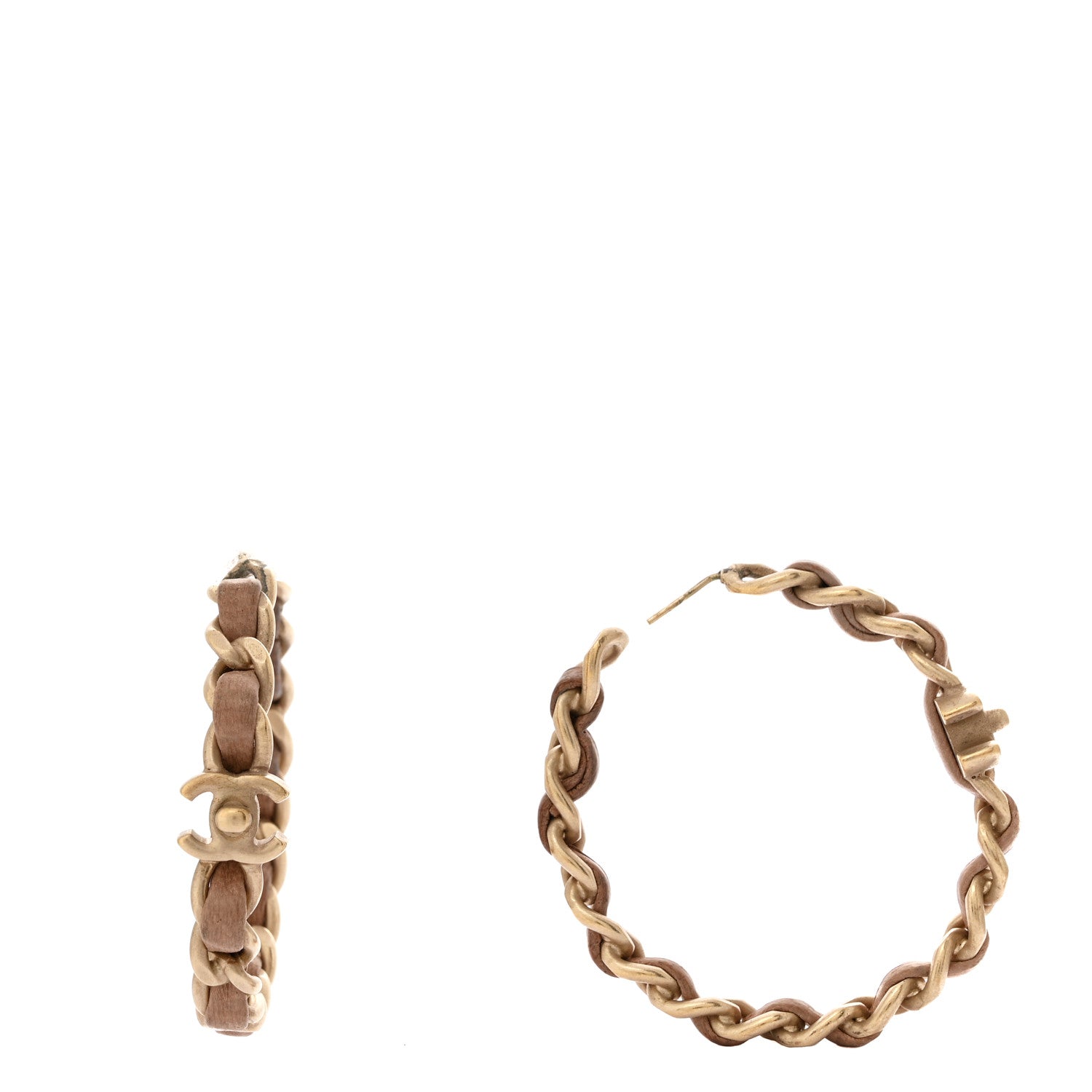 Chanel Lambskin CC Turnlock Chain Hoop Earrings Matte Gold Beige