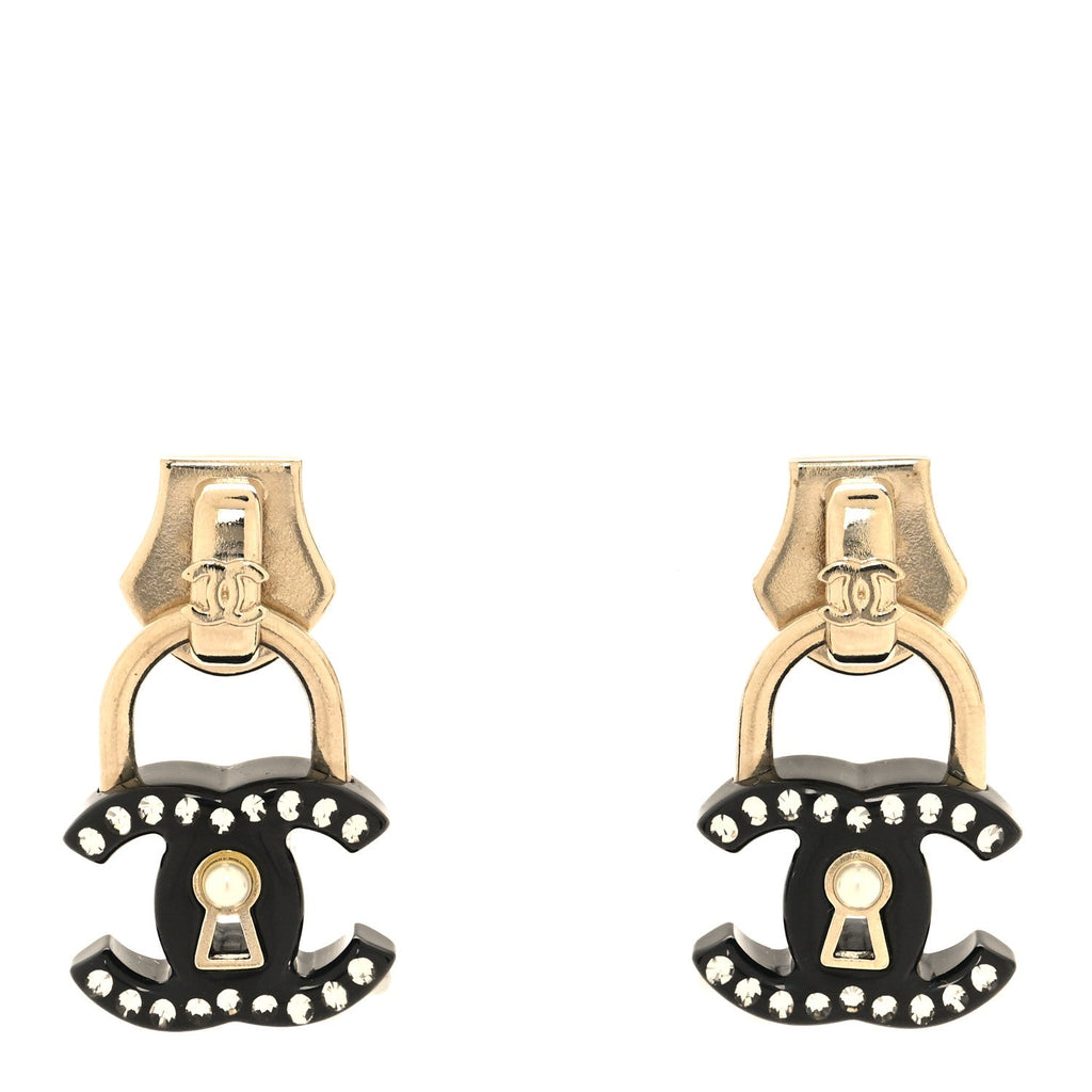 Chanel Metal Resin Crystal Pearl CC Lock Drop Earrings Gold Black