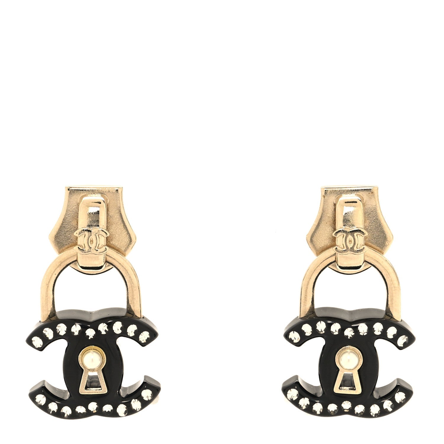 Chanel Metal Resin Crystal Pearl CC Lock Drop Earrings Gold Black