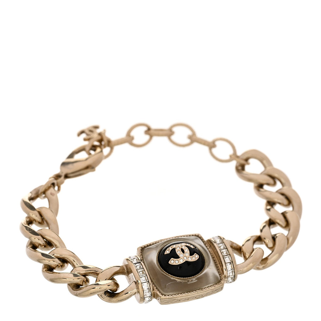 Chanel Metal Glass Pearl Strass CC Pendant Bracelet Gold Black