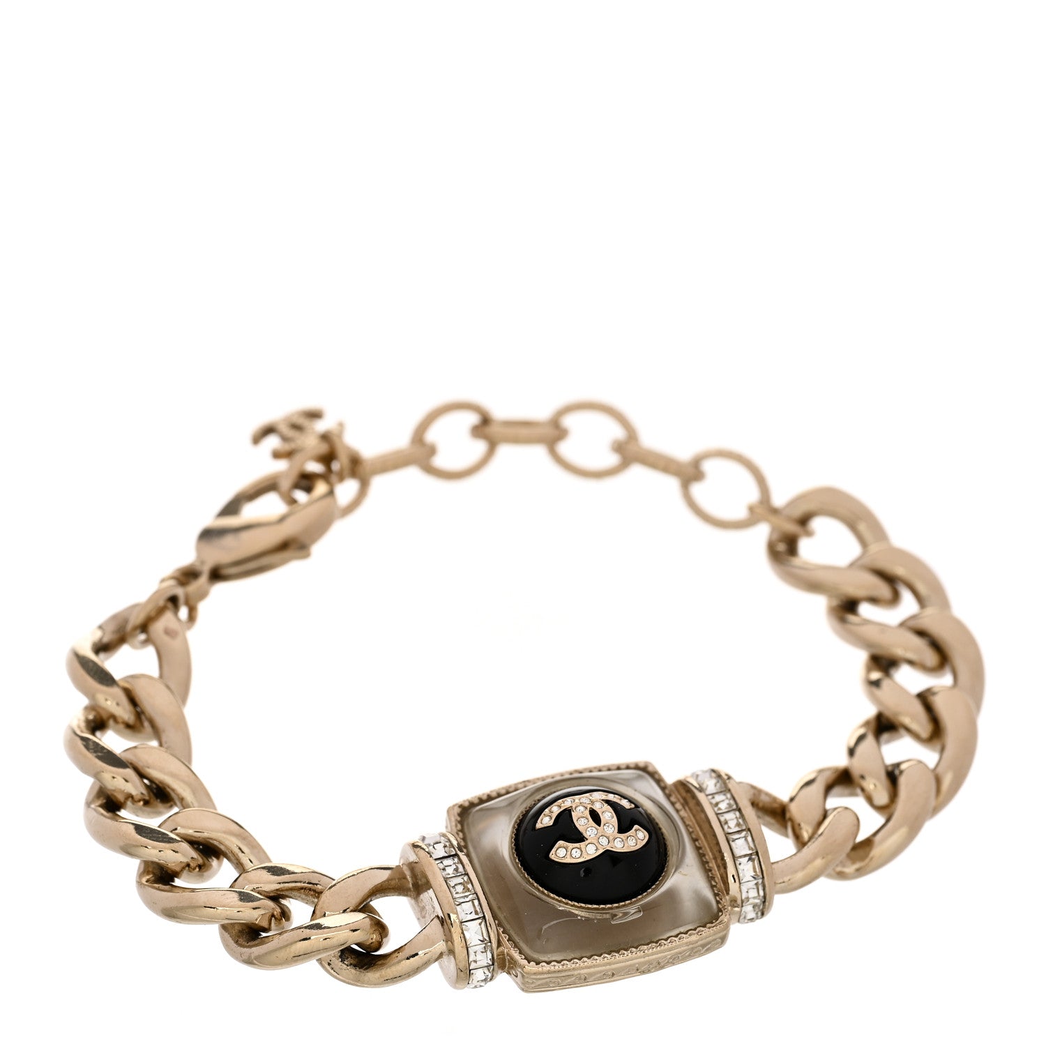 Chanel Metal Glass Pearl Strass CC Pendant Bracelet Gold Black