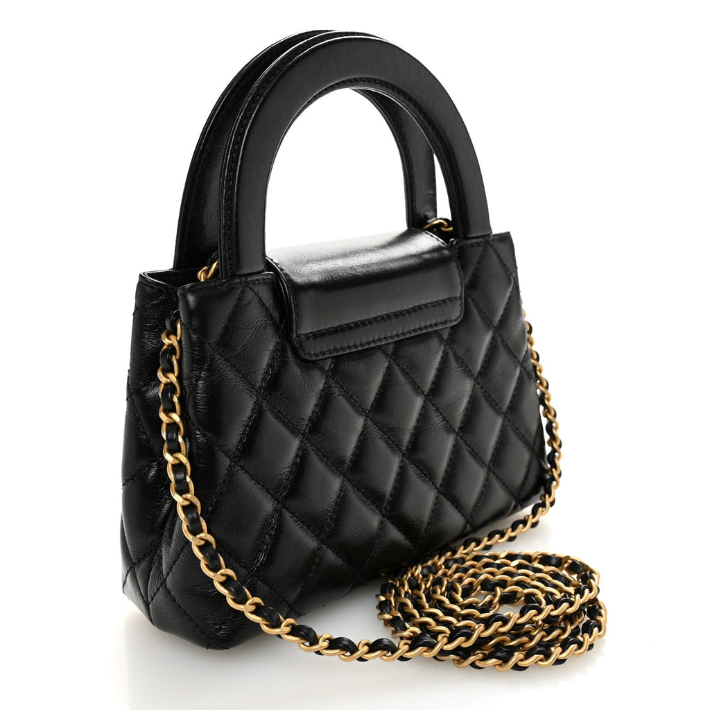Chanel Shiny Aged Calfskin Quilted Nano Kelly Shopper Black