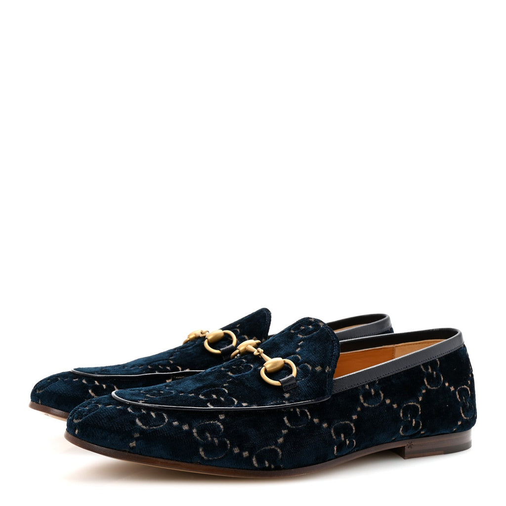 Gucci Velvet GG Monogram Horsebit Mens Jordaan Loafers 9 Blue Beige