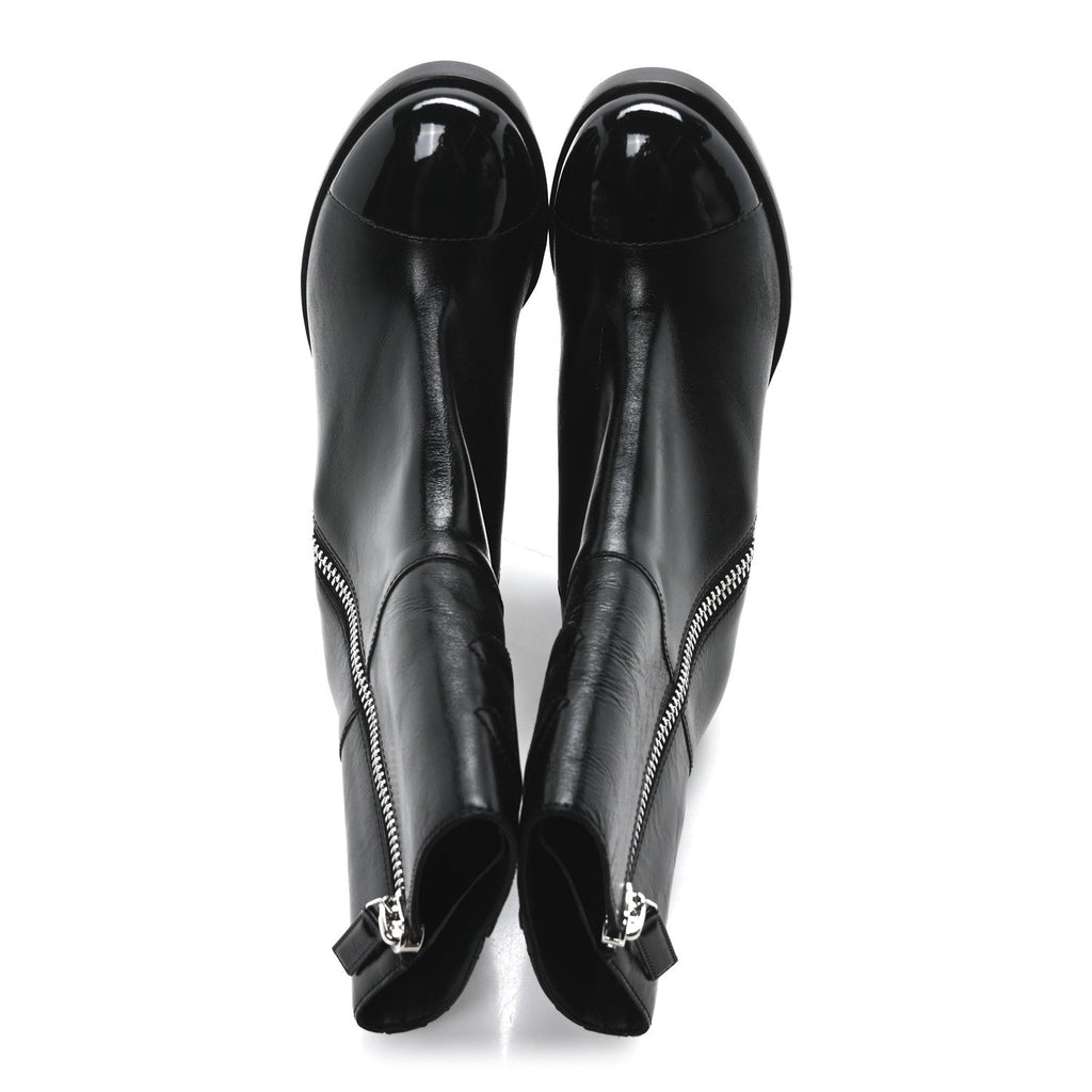 Chanel Calfskin Patent Quilted Cap Toe CC Boots 37 Black