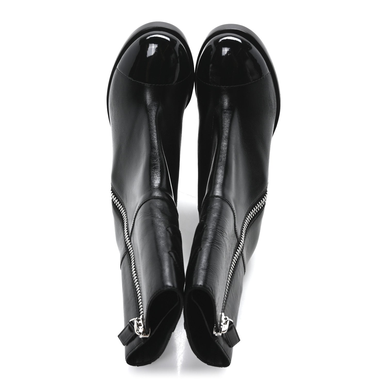 Chanel Calfskin Patent Quilted Cap Toe CC Boots 37 Black