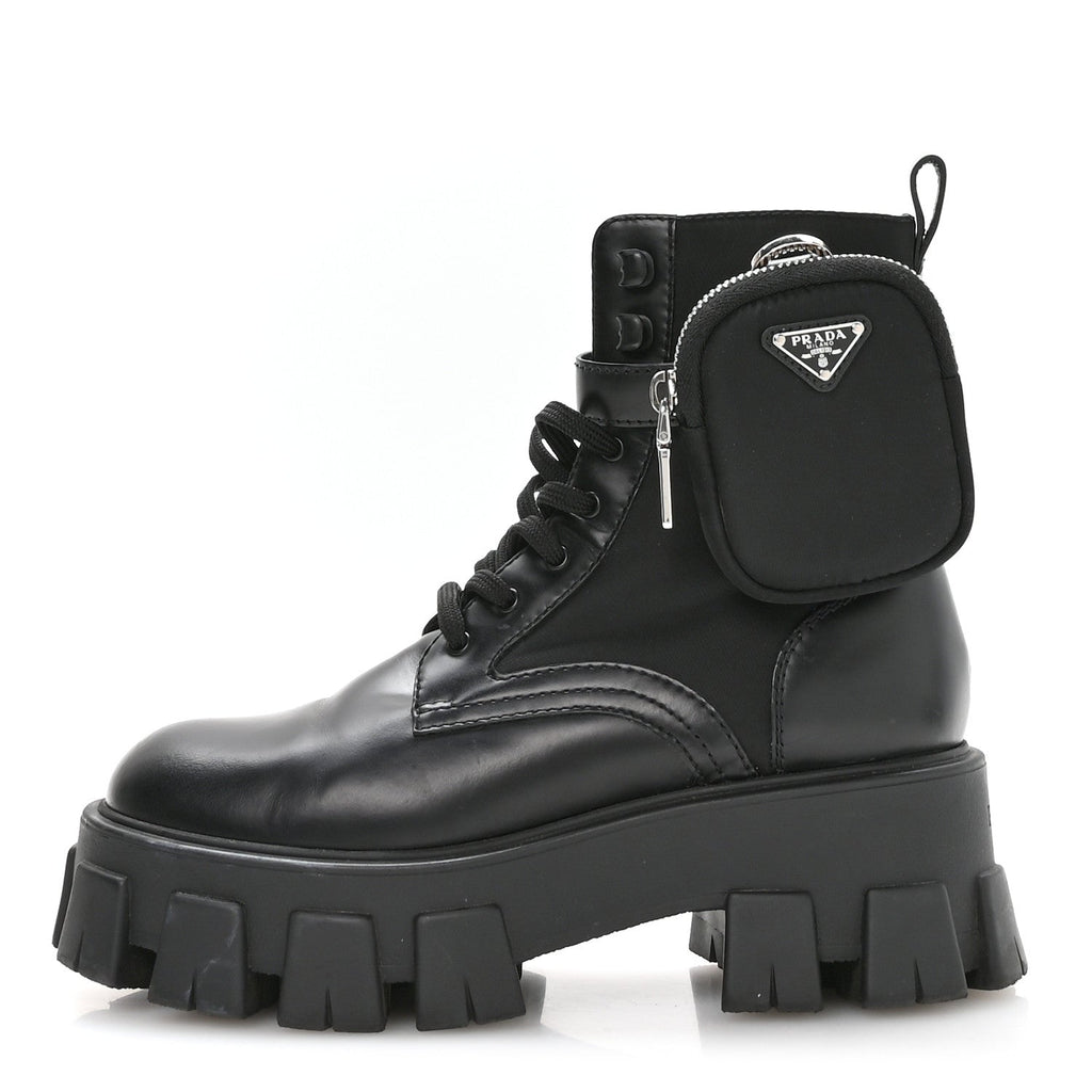 Prada Spazzolato Rois Nylon Metal Triangle Logo Monolith Pouch Pocket 55mm Boots 37 Black