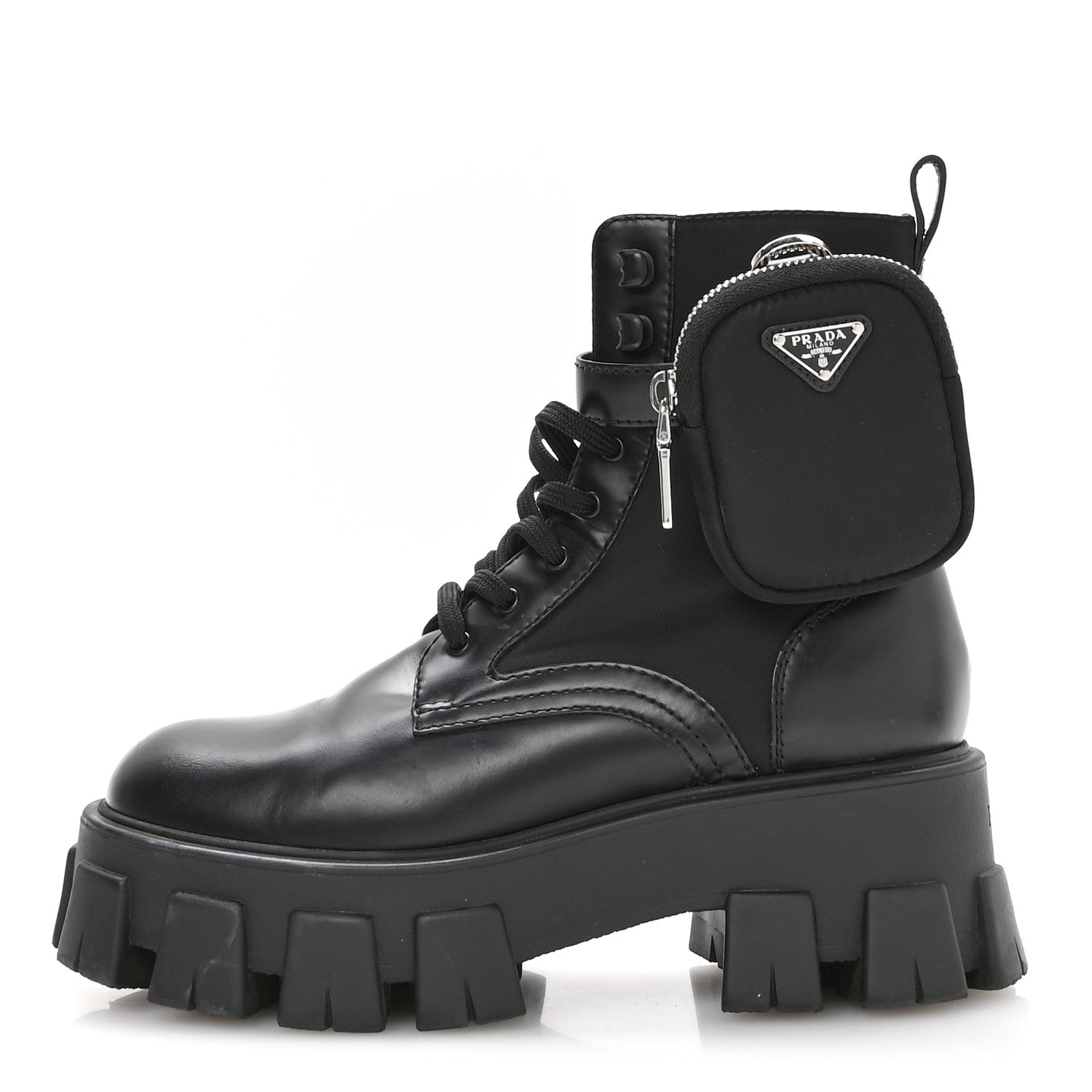 Prada Spazzolato Rois Nylon Metal Triangle Logo Monolith Pouch Pocket 55mm Boots 37 Black