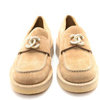 Chanel Suede Calfskin Pearl CC Moccasin Loafers 36.5 Dark Beige
