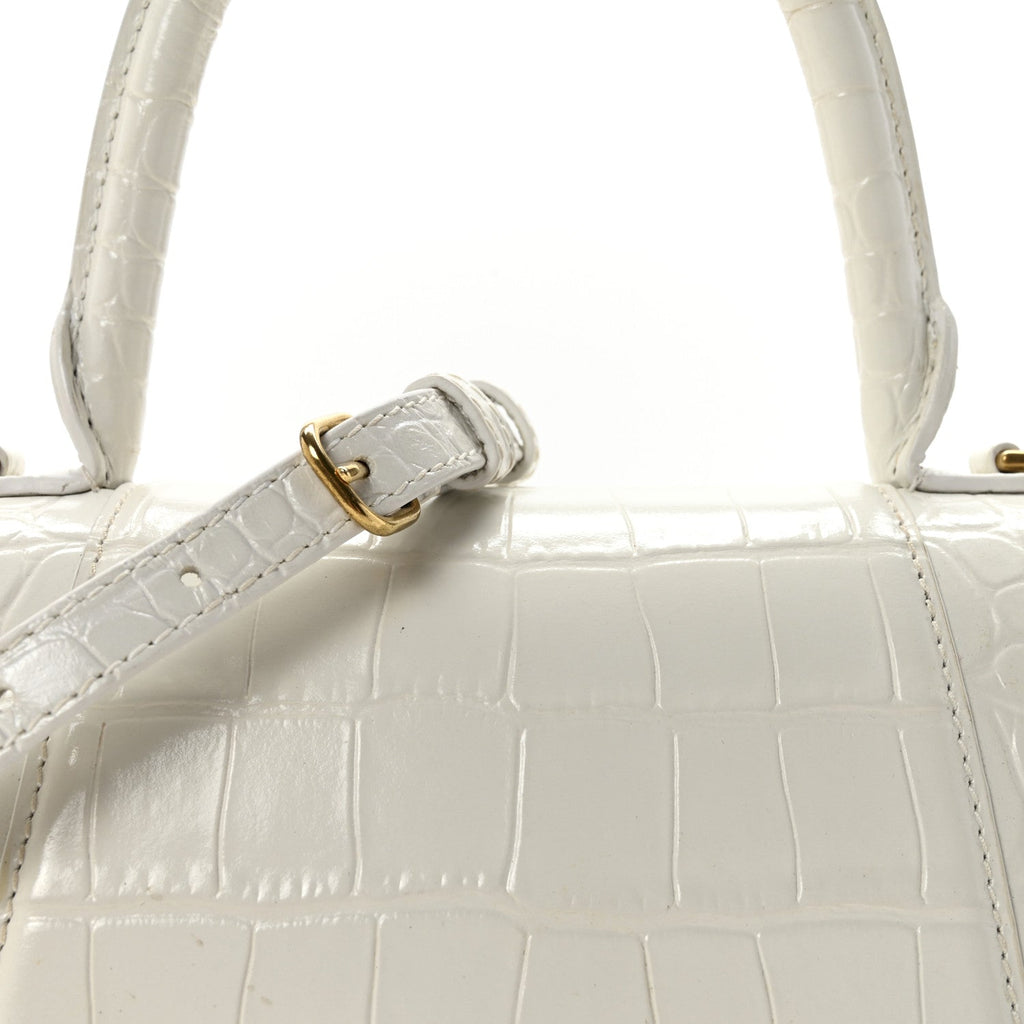Balenciaga Calfskin Crocodile Embossed Small Hourglass Top Handle Bag White