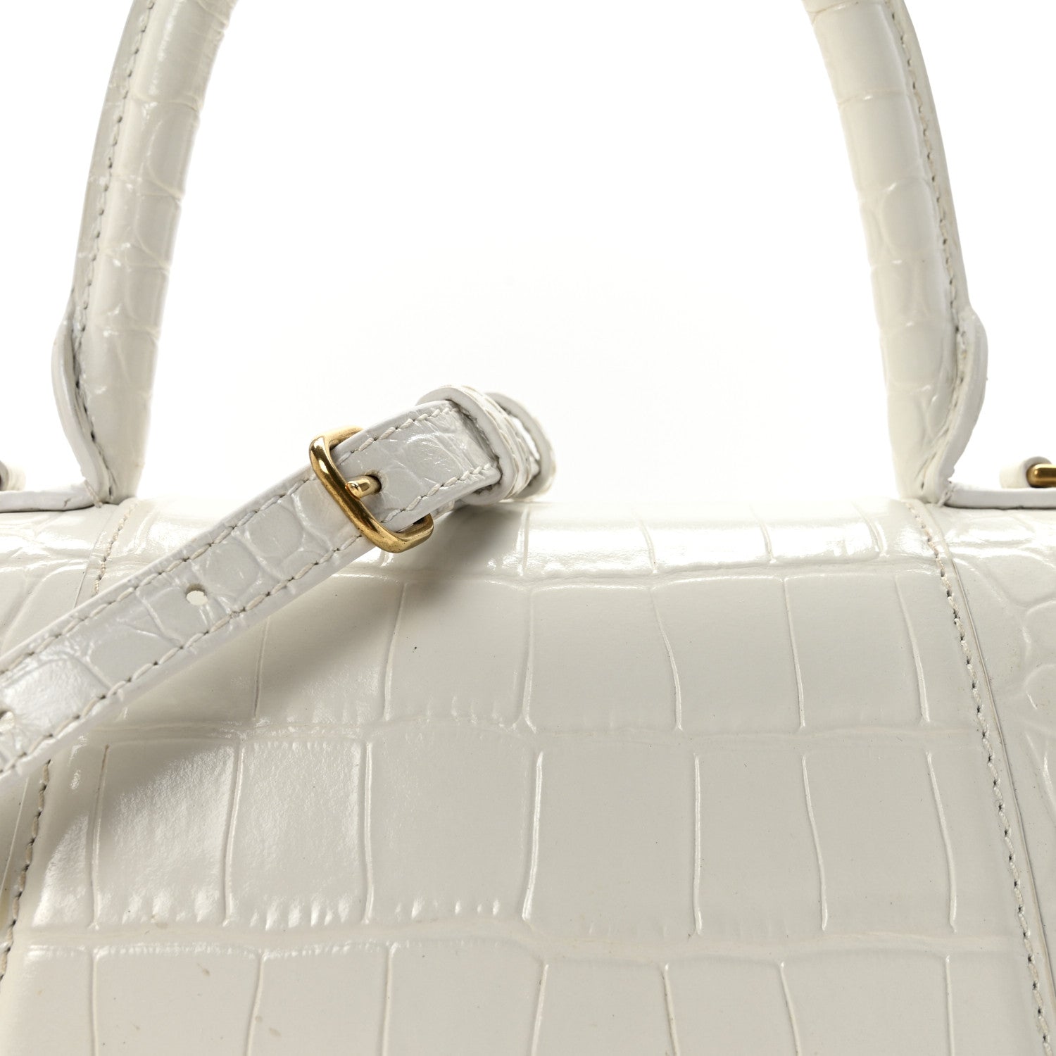 Balenciaga Calfskin Crocodile Embossed Small Hourglass Top Handle Bag White