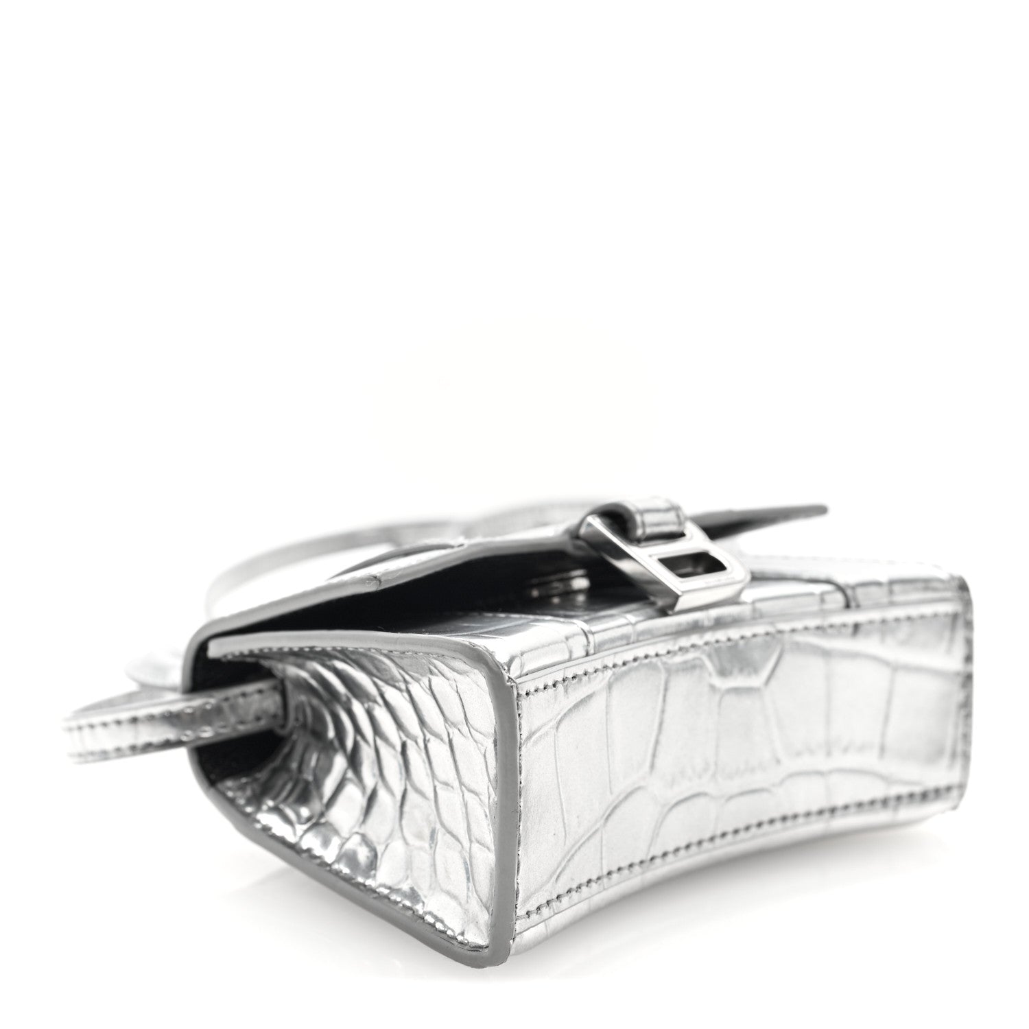Balenciaga Metallic Calfskin Crocodile Embossed Hourglass Top Handle Bag Mini Silver