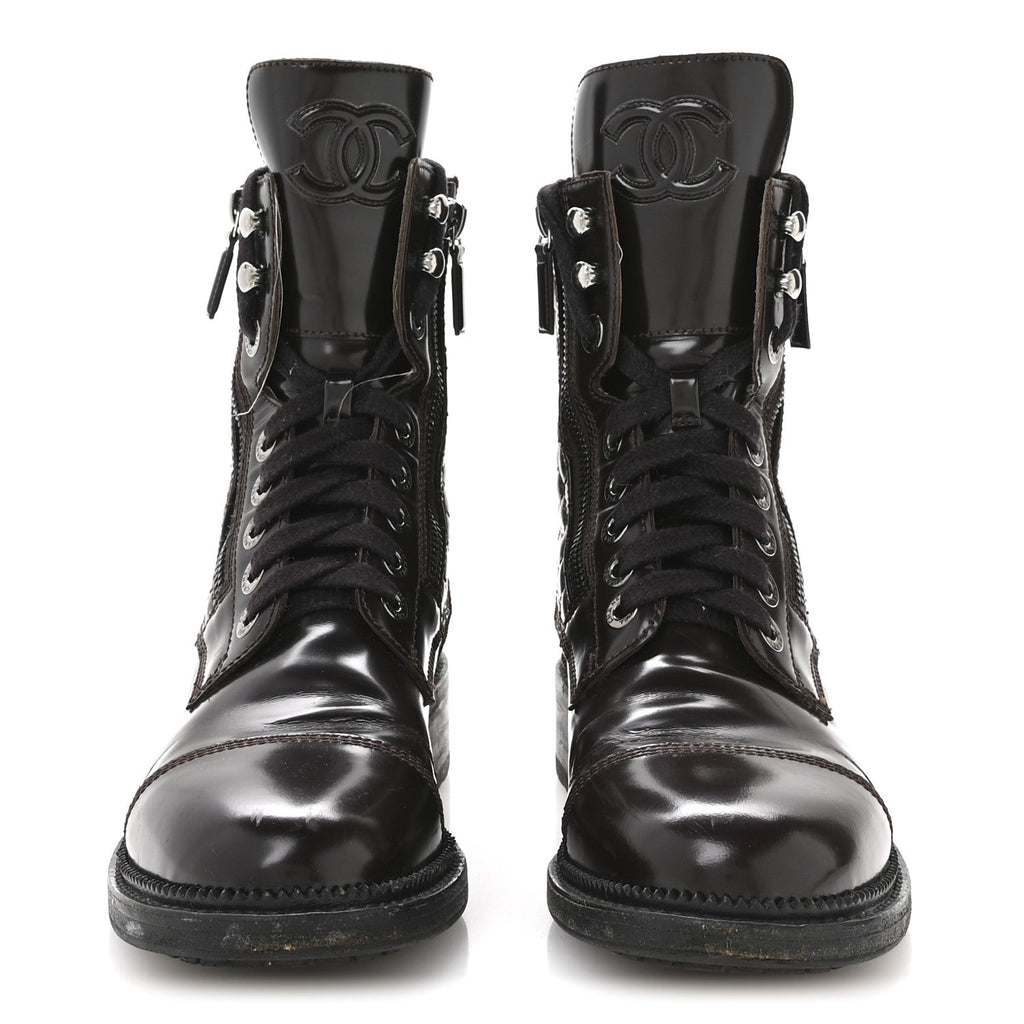 Chanel Shiny Calfskin Quilted CC Lace Up Combat Boots 37.5 Dark Burgundy