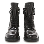 Chanel Shiny Calfskin Quilted CC Lace Up Combat Boots 37.5 Dark Burgundy