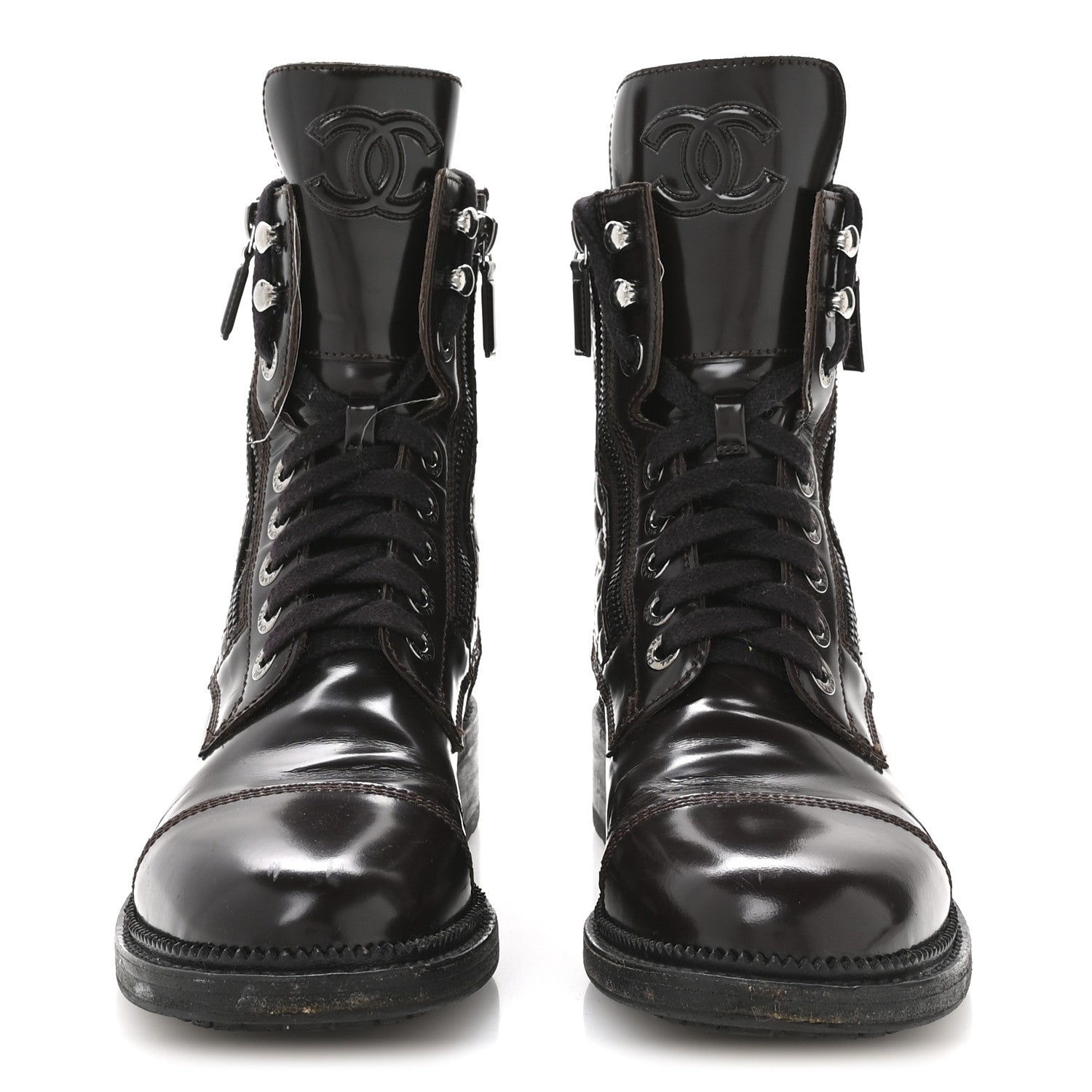 Chanel Shiny Calfskin Quilted CC Lace Up Combat Boots 37.5 Dark Burgundy