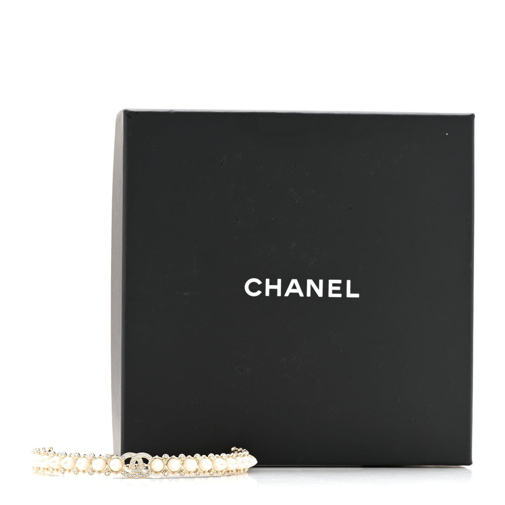 Chanel Strass Crystal Studded Pearl CC Choker Necklace Gold Pearly White
