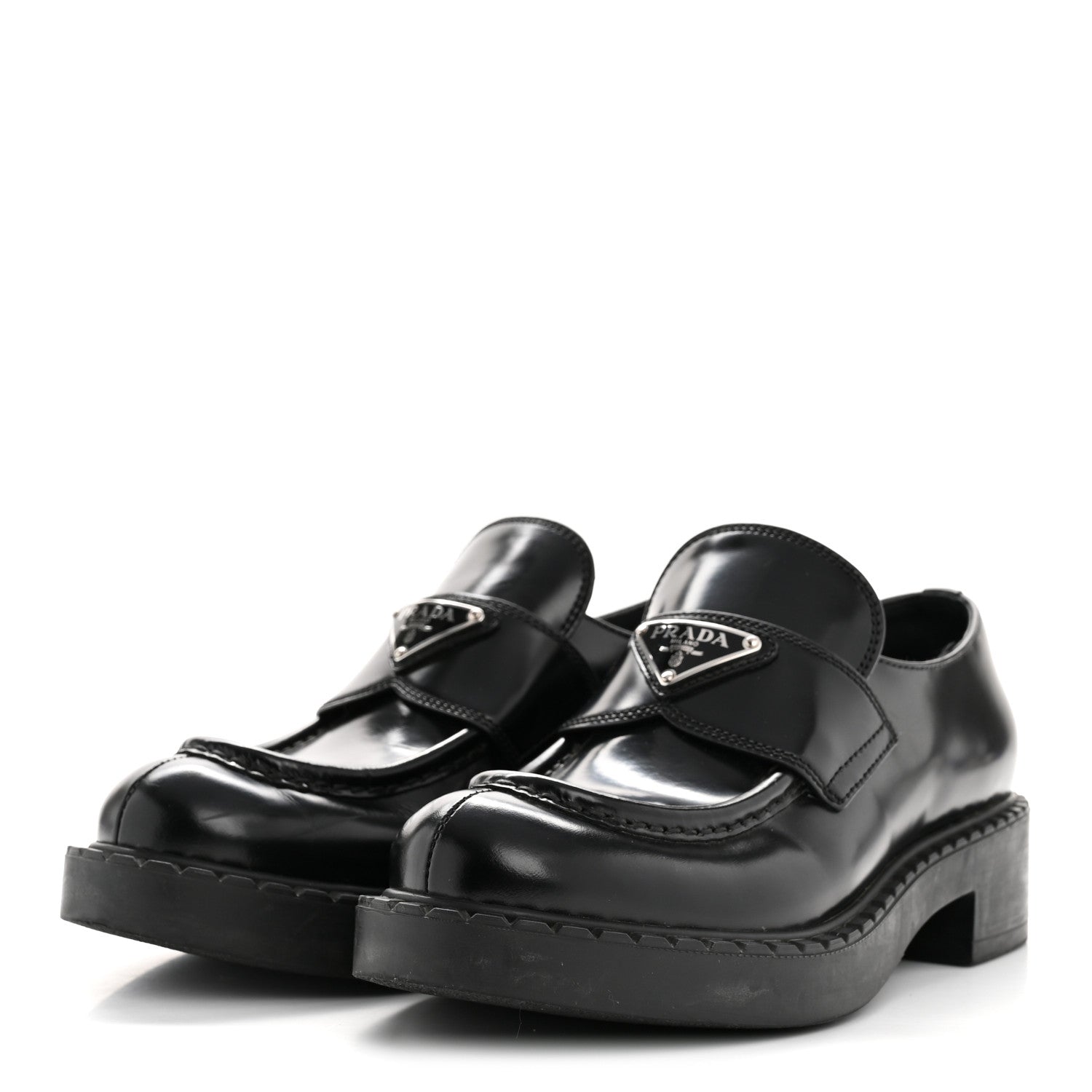Prada Spazzolato Metal Triangle Logo 50mm Loafers 36.5 Black