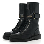 Chanel Shiny Calfskin Grosgrain Lace Up Combat Boots 36.5 Black
