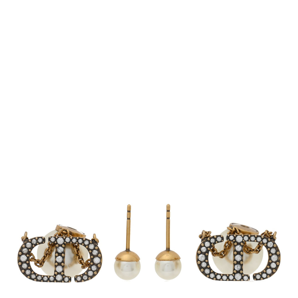 Christian Dior Pearl Crystal Tribal CD Drop Earrings Gold
