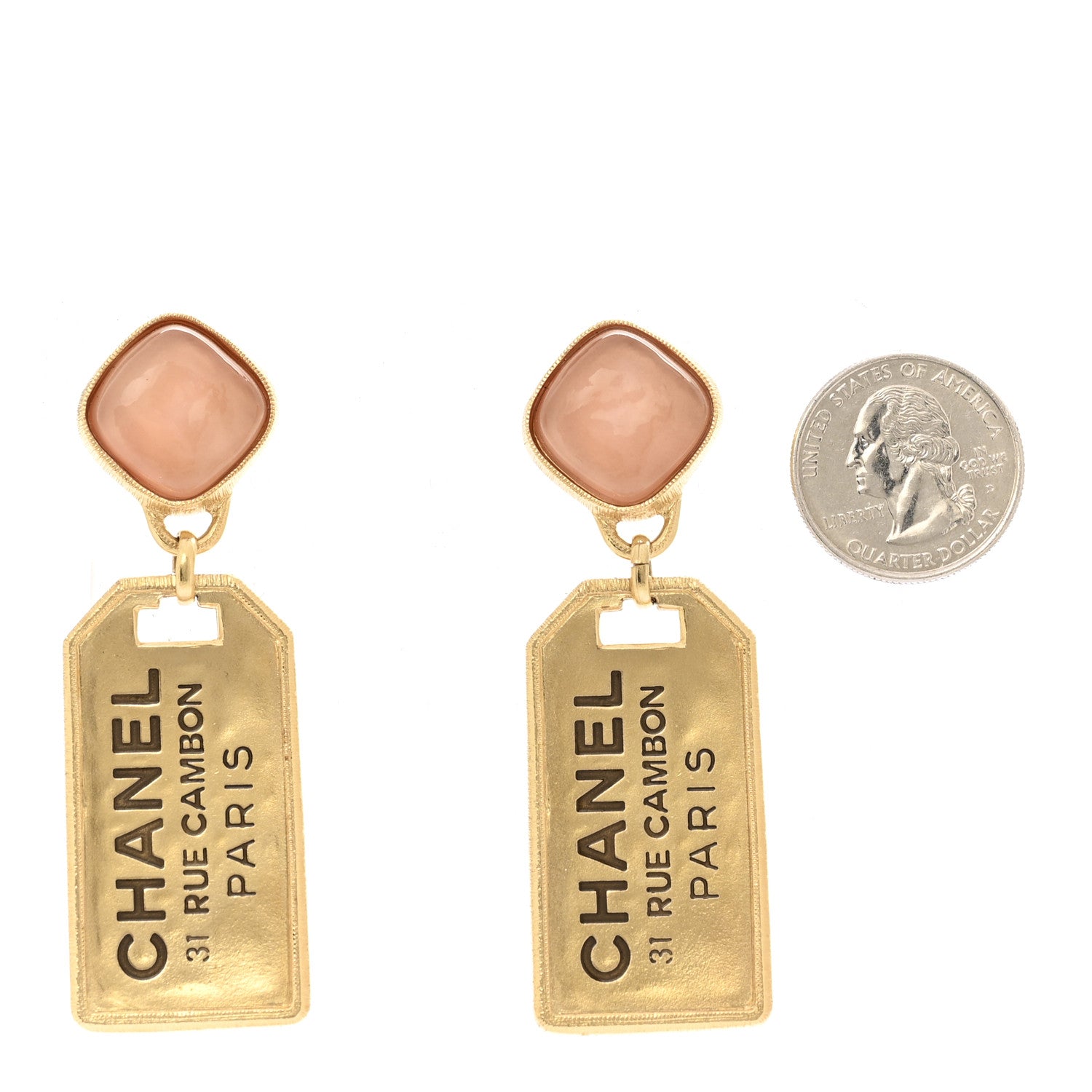 Chanel CC Tags Drop Earrings Gold Pink
