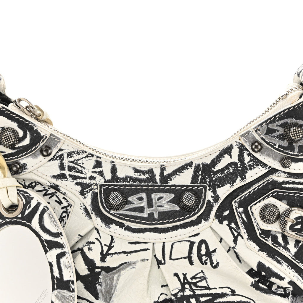 Balenciaga Agneau Arena Graffiti Le Cagole Shoulder Bag XS White Black