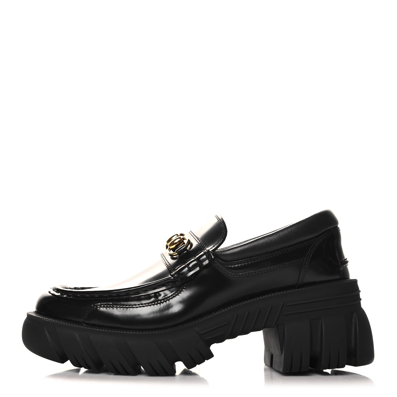 Gucci Magnum Calfskin Nappa Samoa Womens Horsebit Platform Chunky Lug Sole 40mm Loafers 40.5 Black