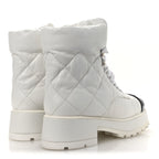 Chanel Crumpled Patent Lambskin Calfskin Quilted Lace Up Combat Boots 37 White Black