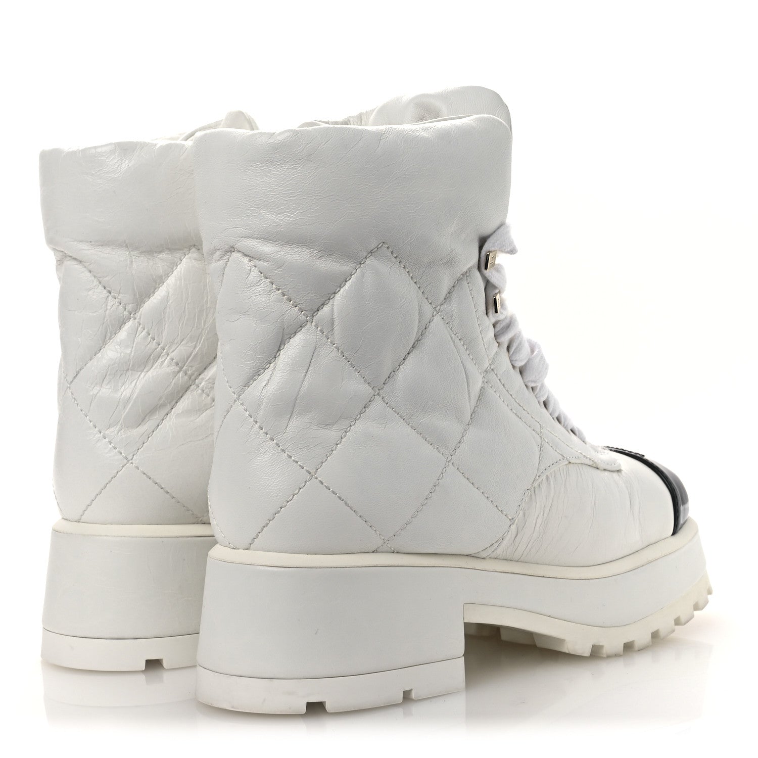 Chanel Crumpled Patent Lambskin Calfskin Quilted Lace Up Combat Boots 37 White Black