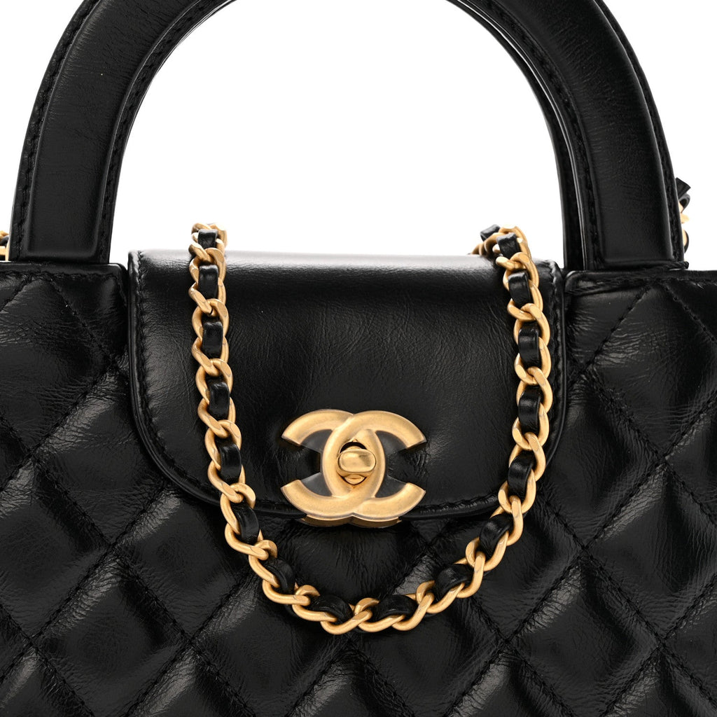 Chanel Shiny Aged Calfskin Quilted Nano Kelly Shopper Black