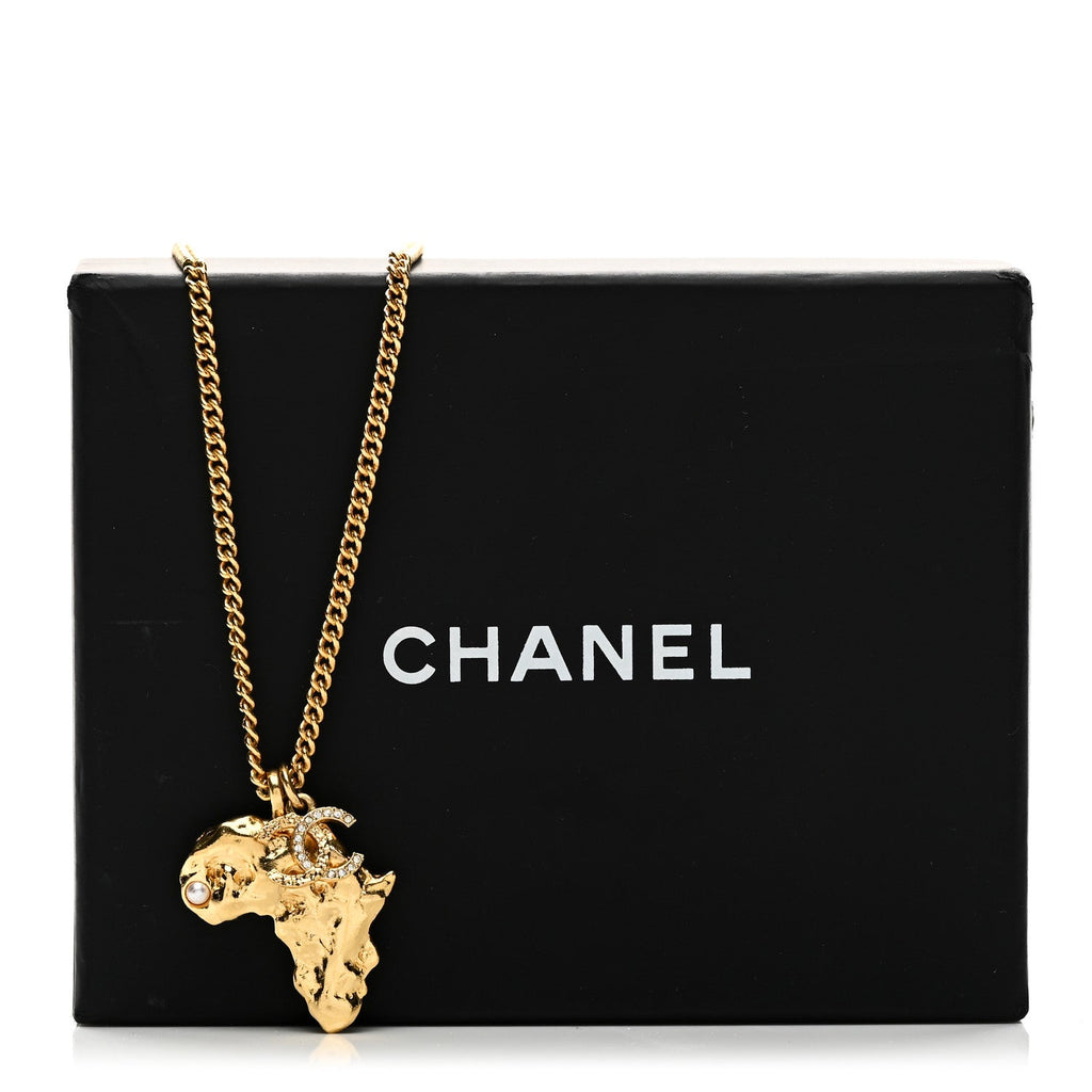 Chanel Crystal Pearl CC Africa Pendant Necklace Gold White