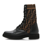 Fendi Calfskin Stretch Fabric FF Rockoko Biker Boots 40 Black Tobacco
