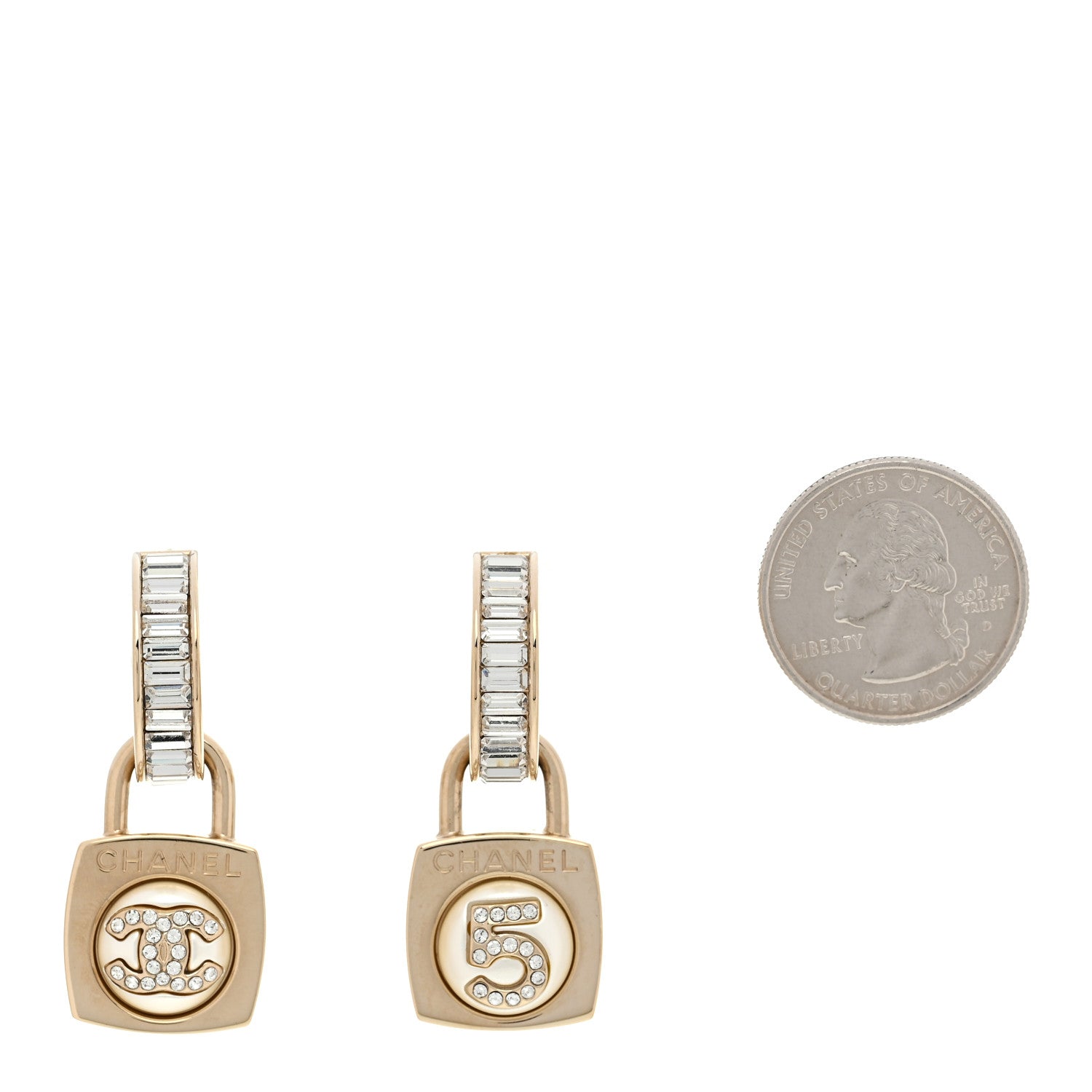Chanel Pearl Crystal Baguette No 5 Lock Drop Earrings Gold Pearly White