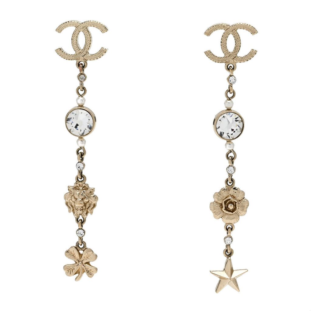 Chanel Crystal Pearl CC Charms Drop Earrings Gold