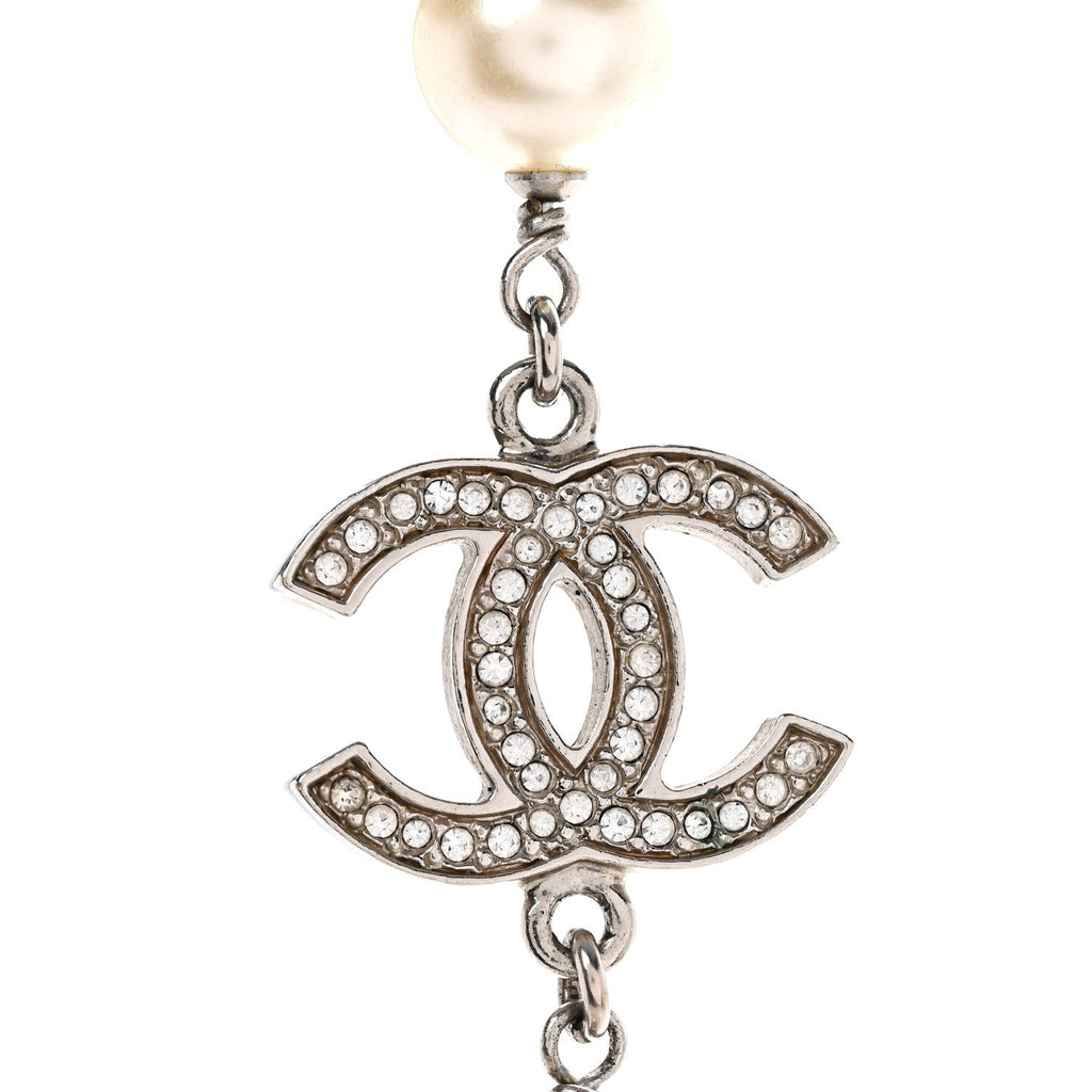 Chanel Graduated Pearl Crystal CC Long Necklace Silver