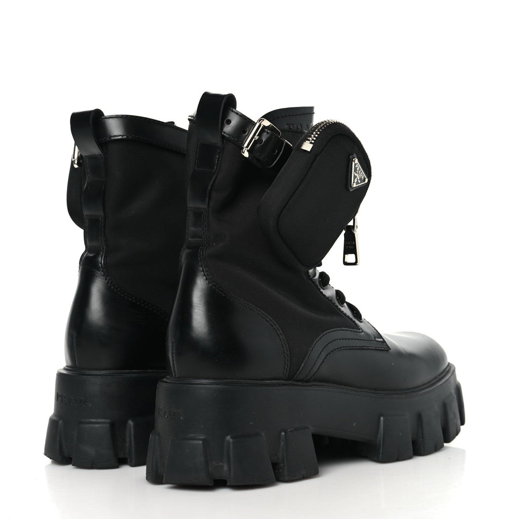 Prada Spazzolato Rois Nylon Metal Triangle Logo Monolith Pouch Pocket 55mm Boots 39 Black