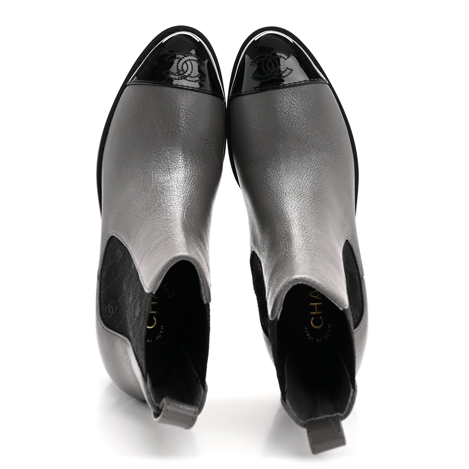 Chanel Calfskin Patent Cap Toe CC Short Boots 39 Grey Black