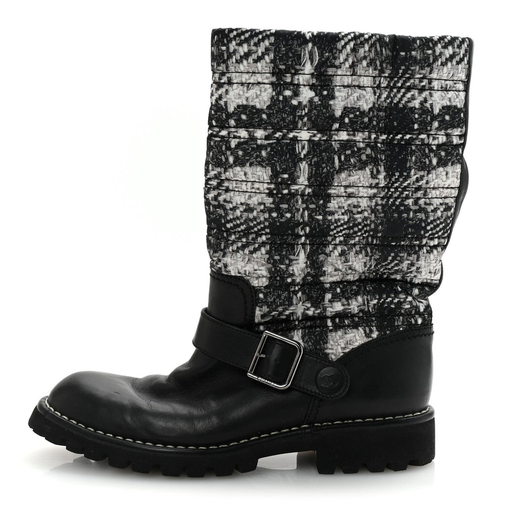 Chanel Calfskin Tweed Nylon Printed Boots 38 Black