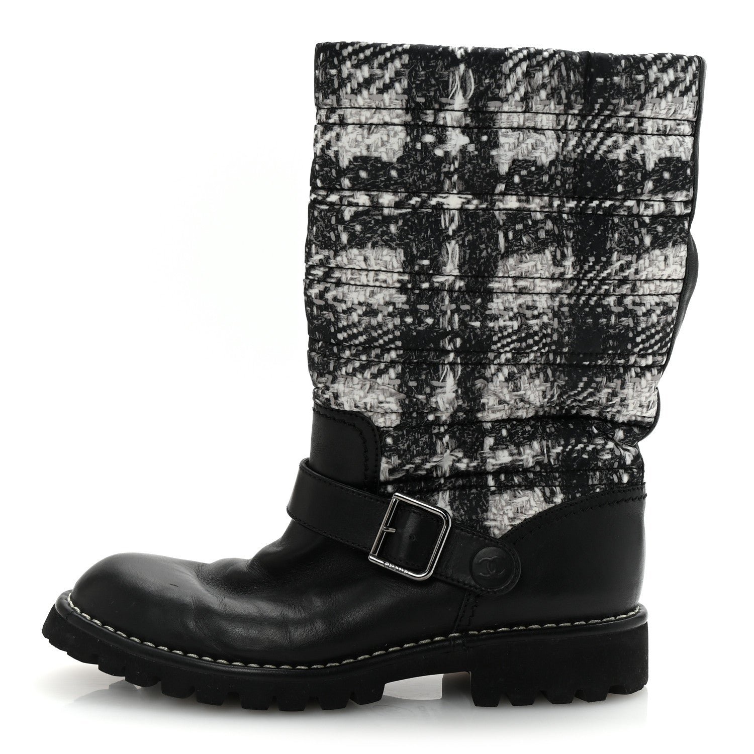 Chanel Calfskin Tweed Nylon Printed Boots 38 Black