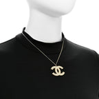 Chanel Metal Quilted CC Pendant Necklace Gold White