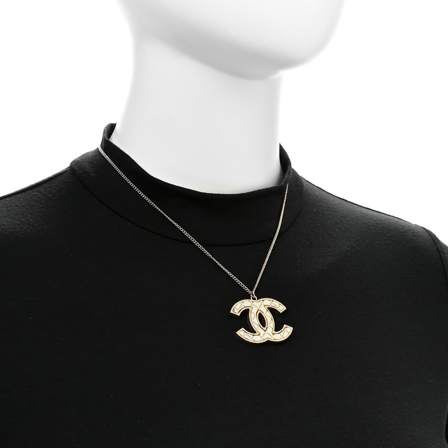Chanel Metal Quilted CC Pendant Necklace Gold White