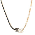 Chanel Metal Calfskin Crystal Double CC Short Necklace Black Gold