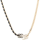 Chanel Metal Calfskin Crystal Double CC Short Necklace Black Gold