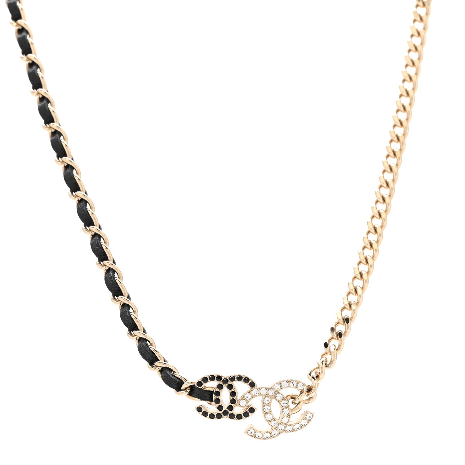Chanel Metal Calfskin Crystal Double CC Short Necklace Black Gold
