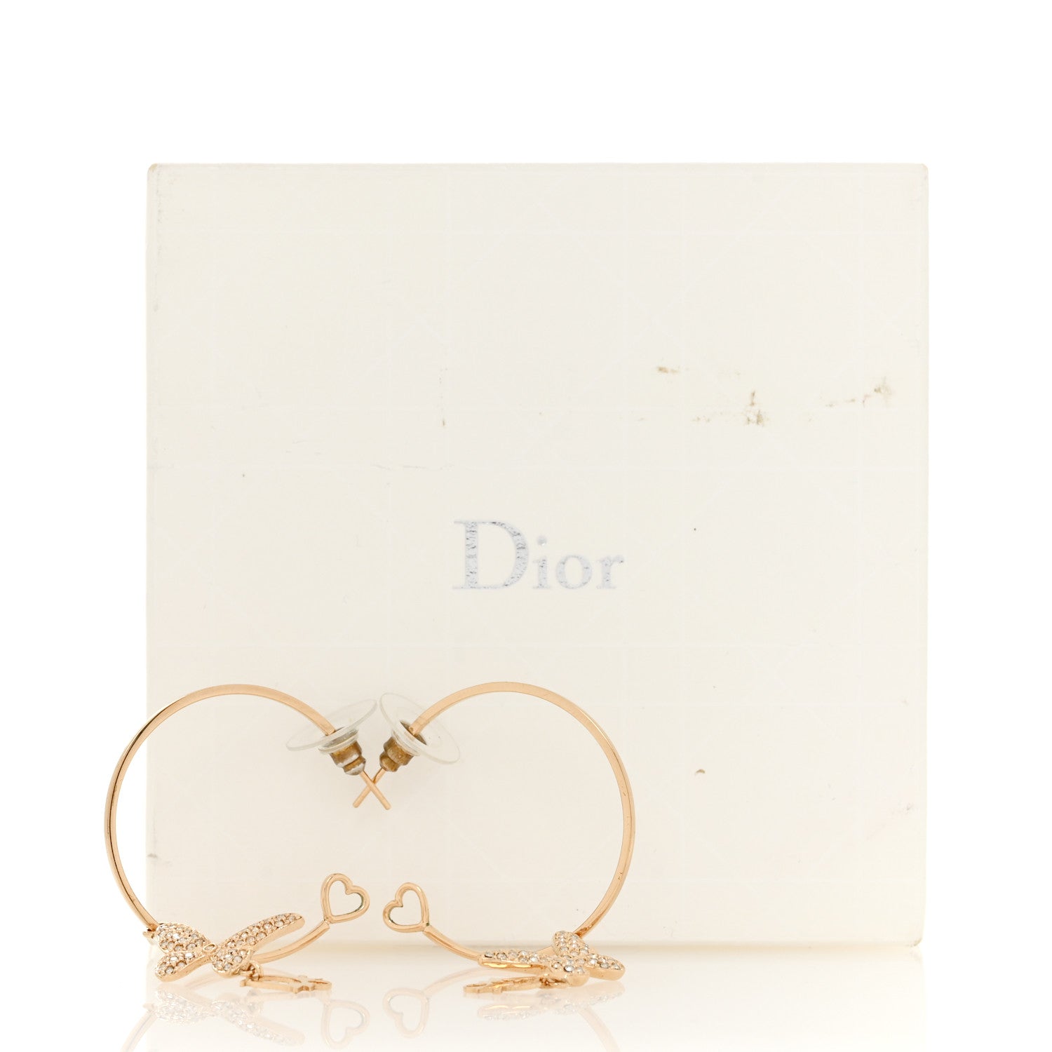 Christian Dior Metal Crystal Butterfly Logo Hoop Earrings Gold