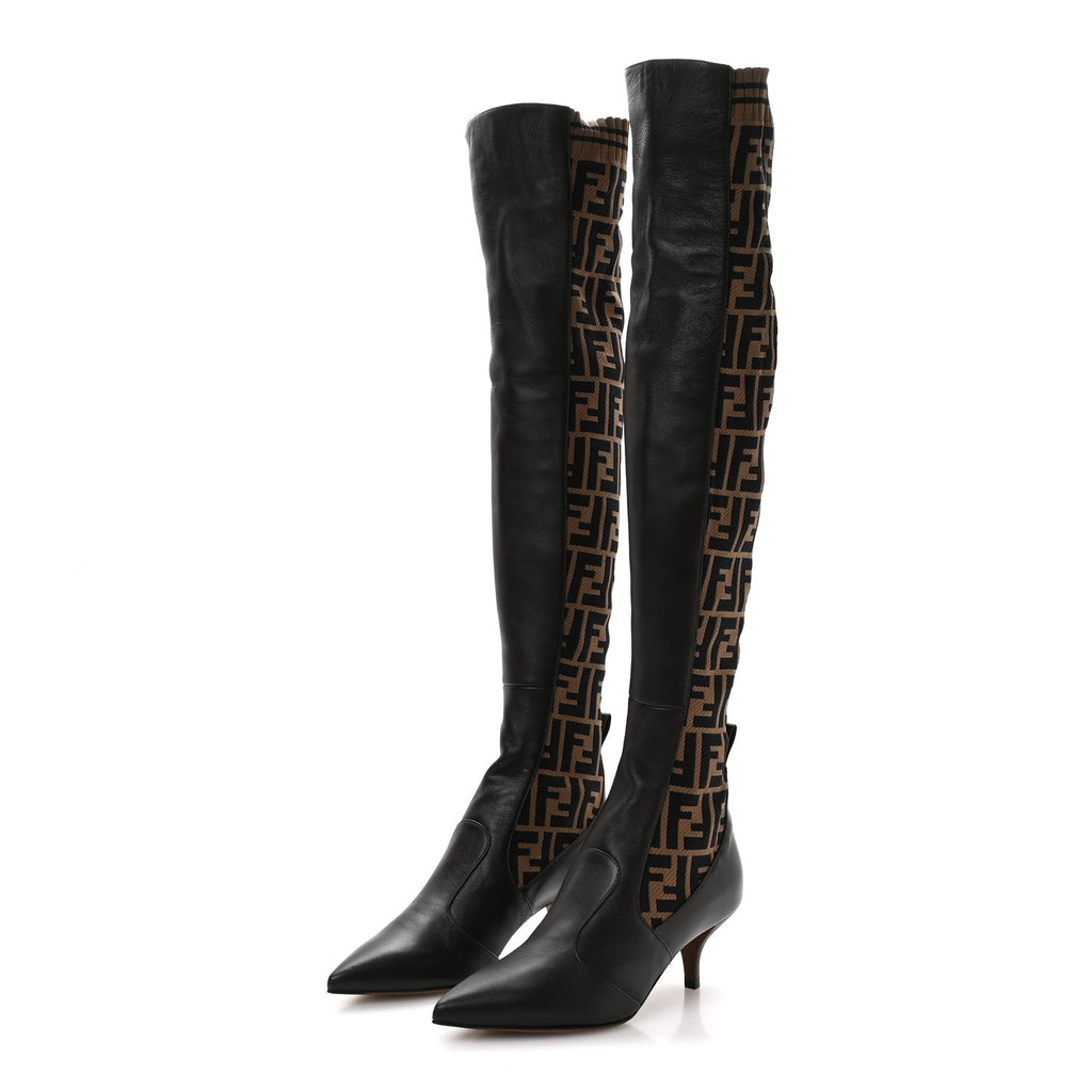 Fendi Nappa Microfiber Fabric FF Rockoko Thigh High Boots 37 Ebano Tobacco Black